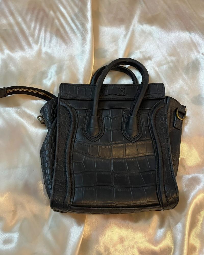 Céline Black Crocodile-Embossed Leather Nano Luggage Tote Bag