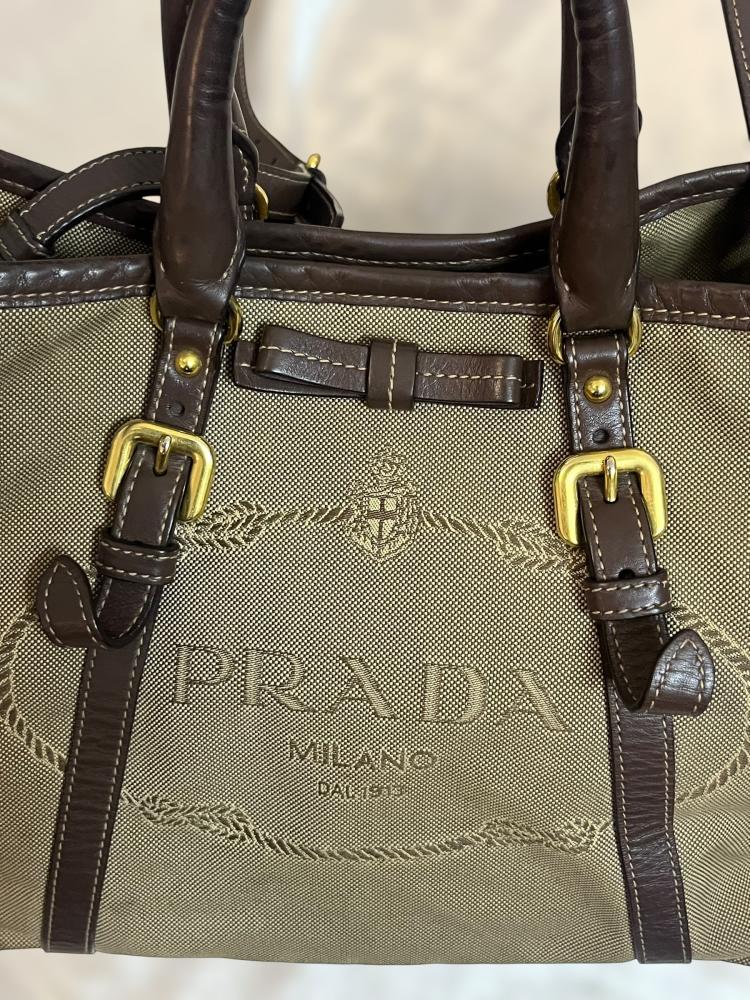 Prada Beige Canvas Tote Bag with Brown Leather Trim
