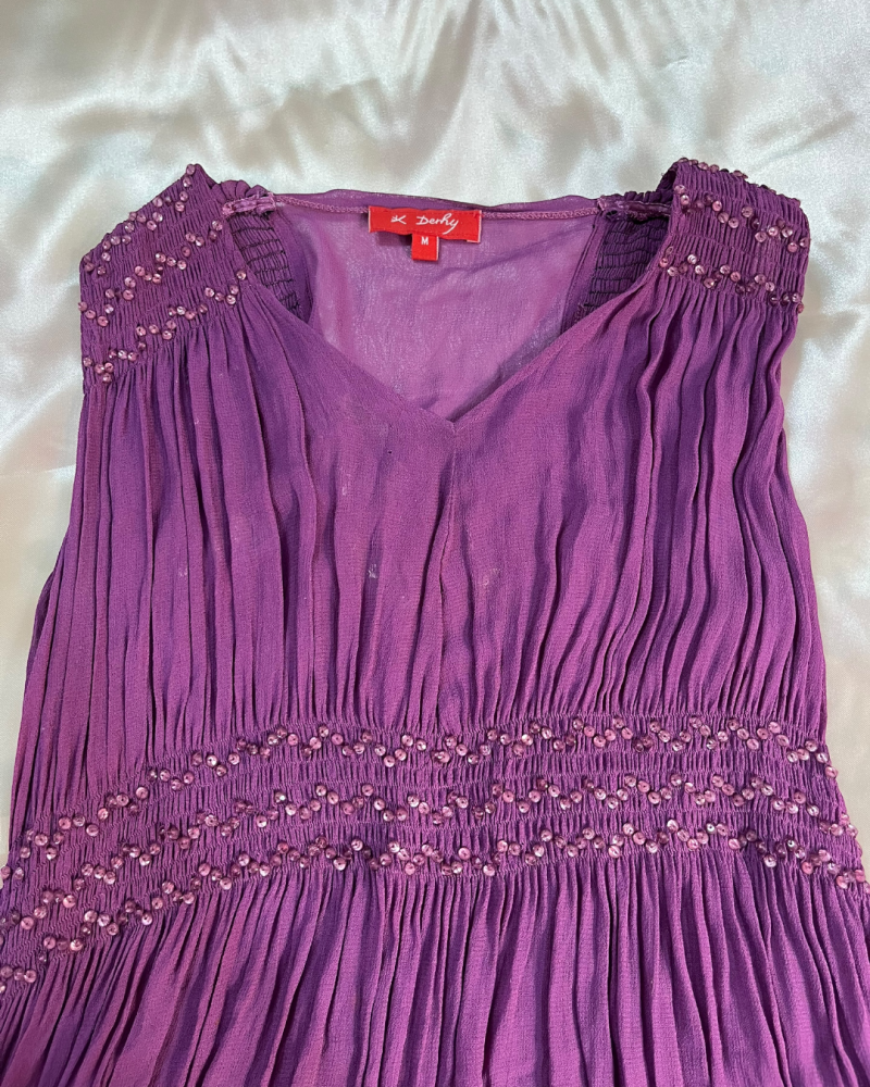 Derhy Purple Beaded Pleated Maxi Dress - Size M