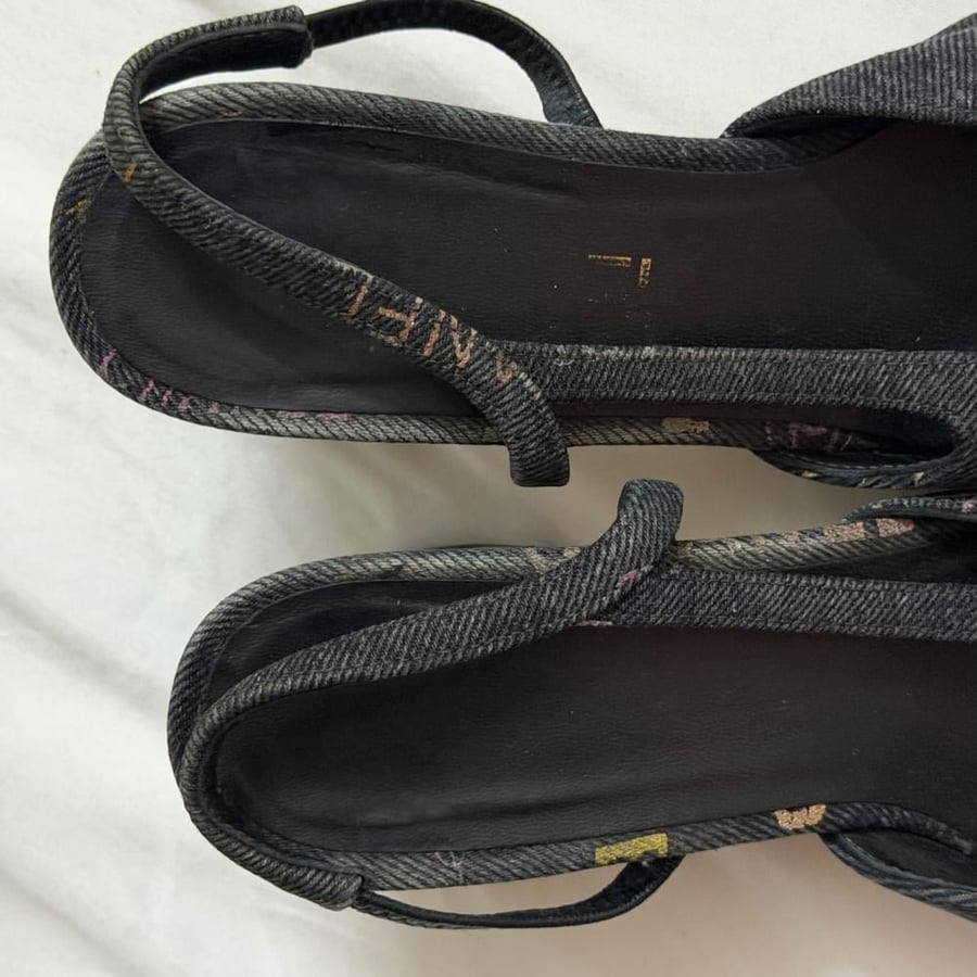. Chanel Denim Printed Canvas Slingback Low Block Heels size  37 1/2