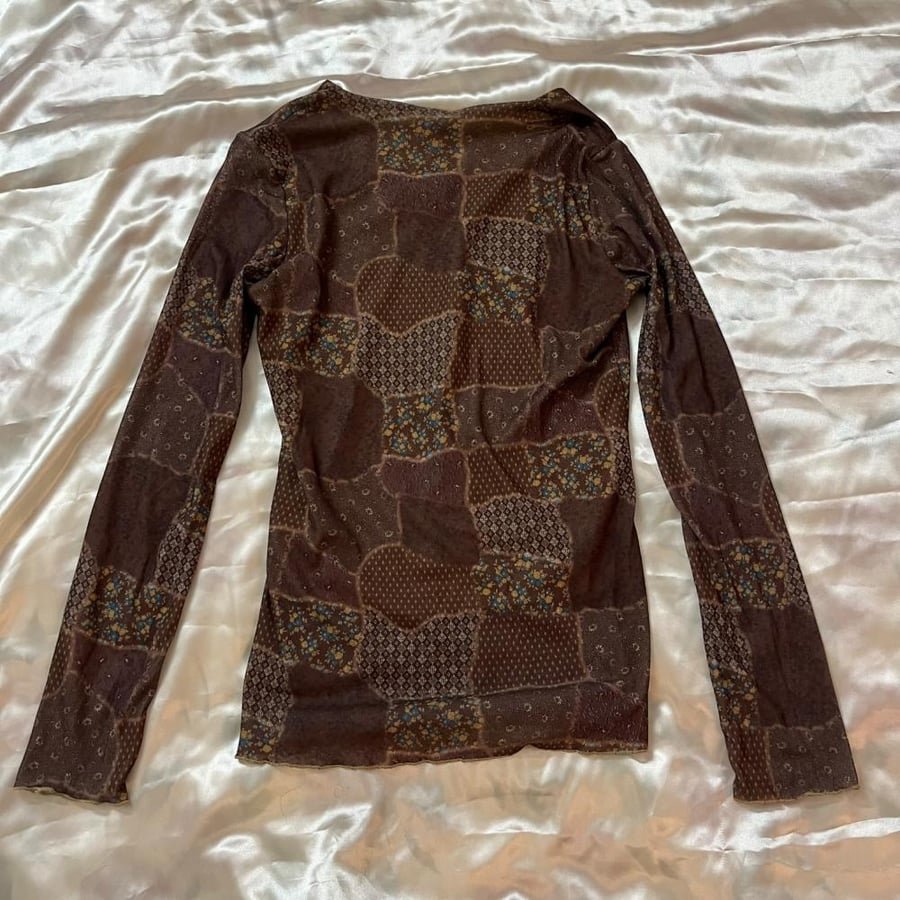 Sexy Doll Brown Patchwork Pattern Long Sleeve Top - Size M