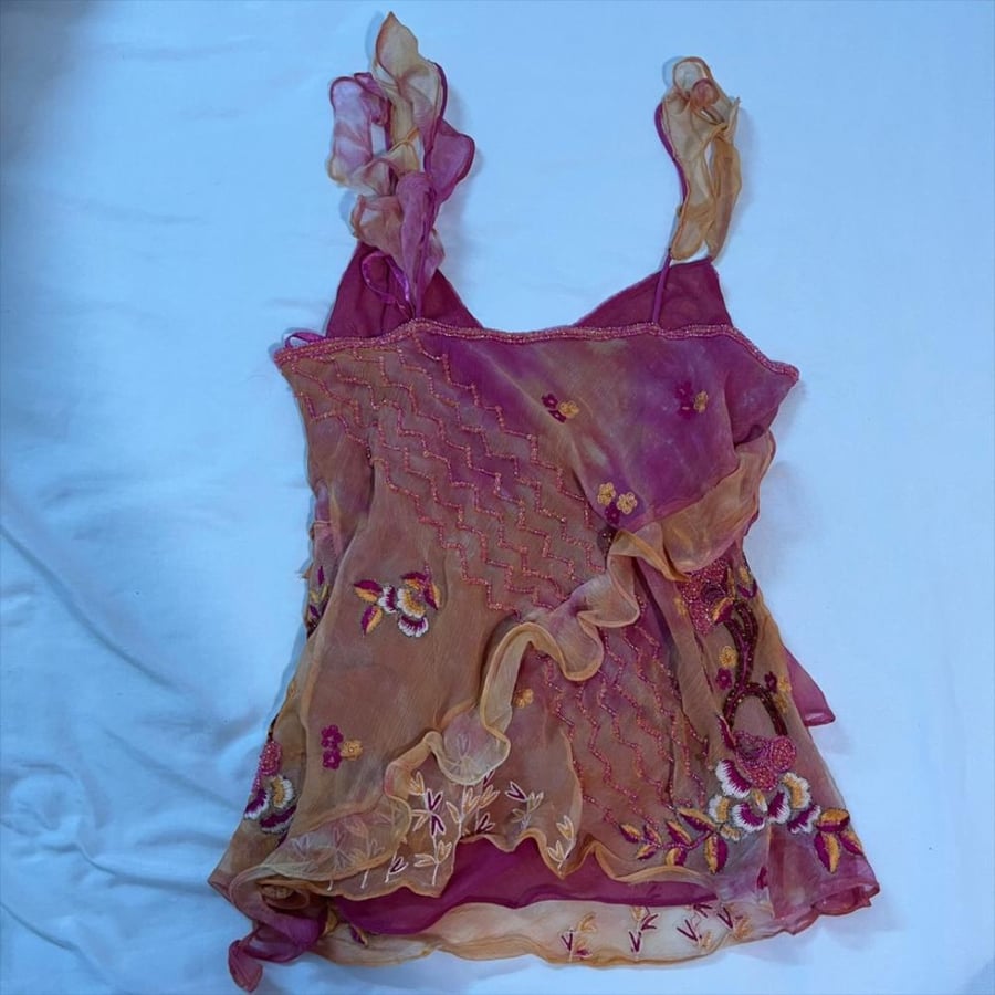 Aftershock Pink and Orange Ruffled Silk Beaded Cami Top -  size. S