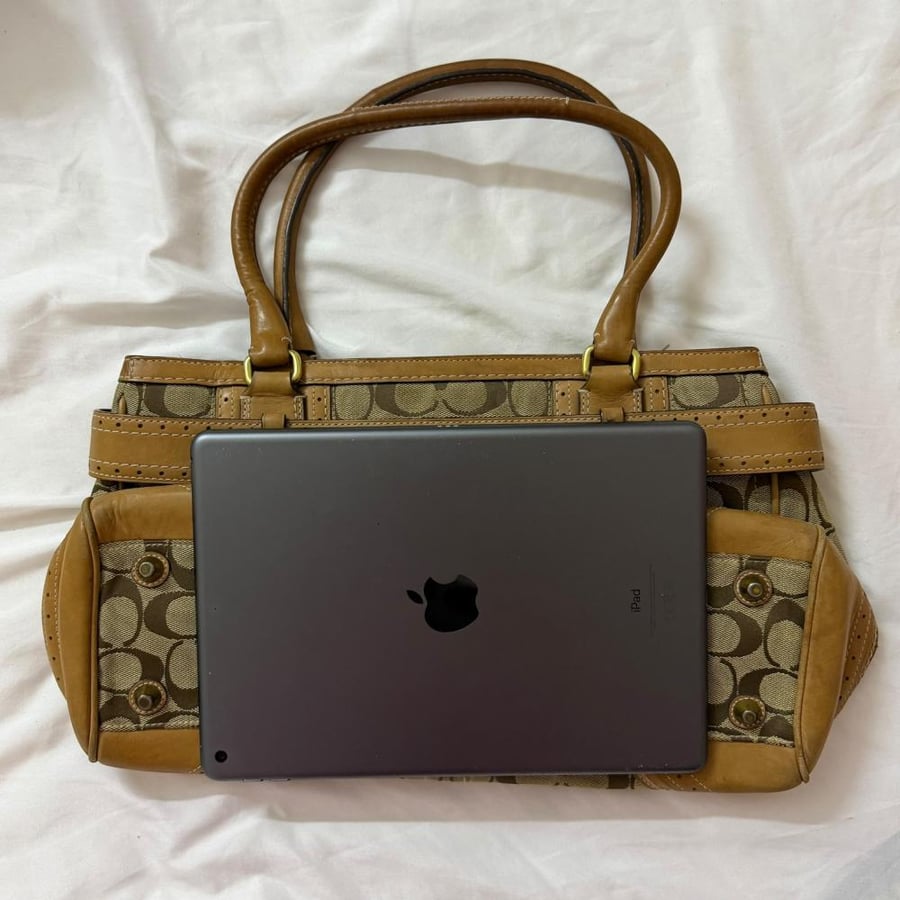 Coach Monogram Brown Canvas Shoulder Bag with Leather Trim and Tassel
