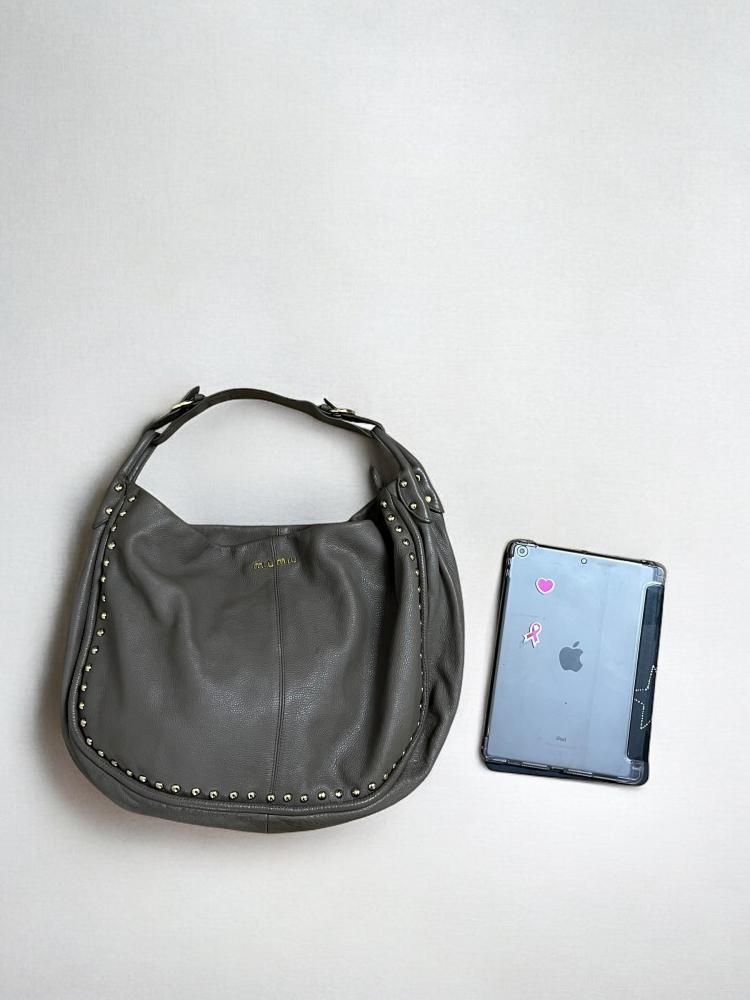 Miu Miu Grey Studded Hobo Bag
