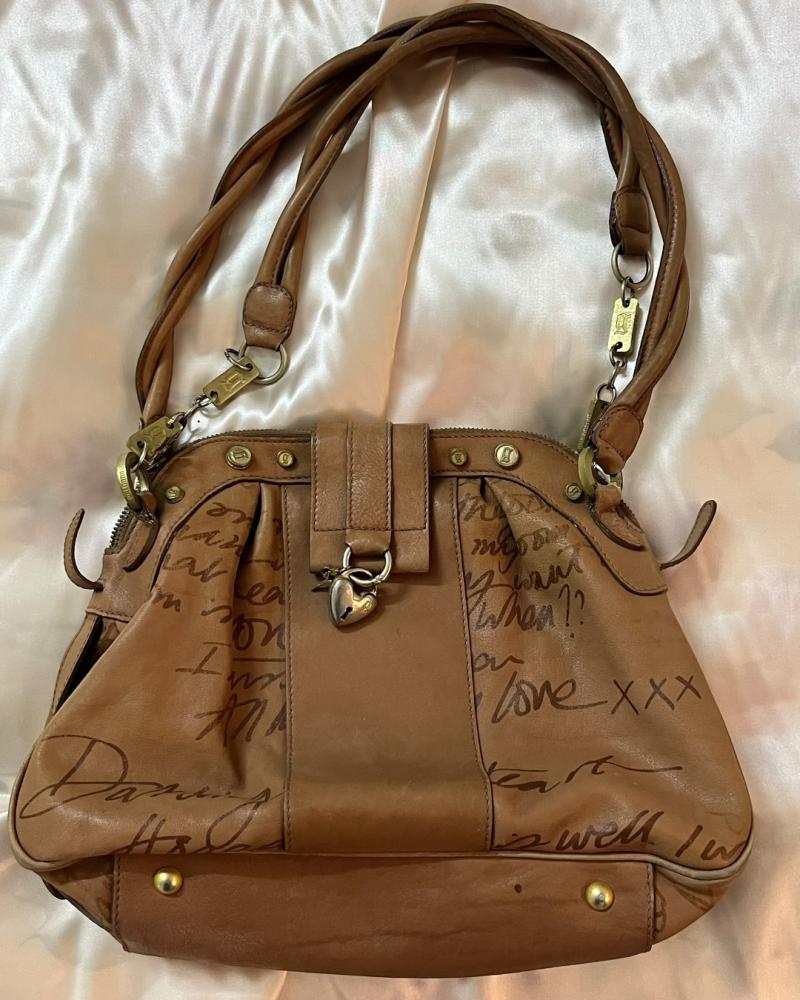 Galliano Tan / Light Brown Leather Graffiti Heart Lock Shoulder Ba