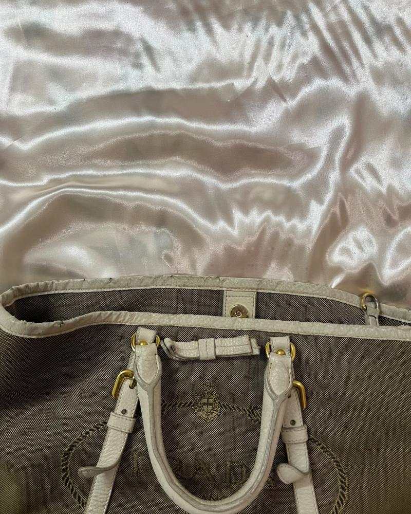 Prada Brown Canvas Tote Bag with White Leather Handles