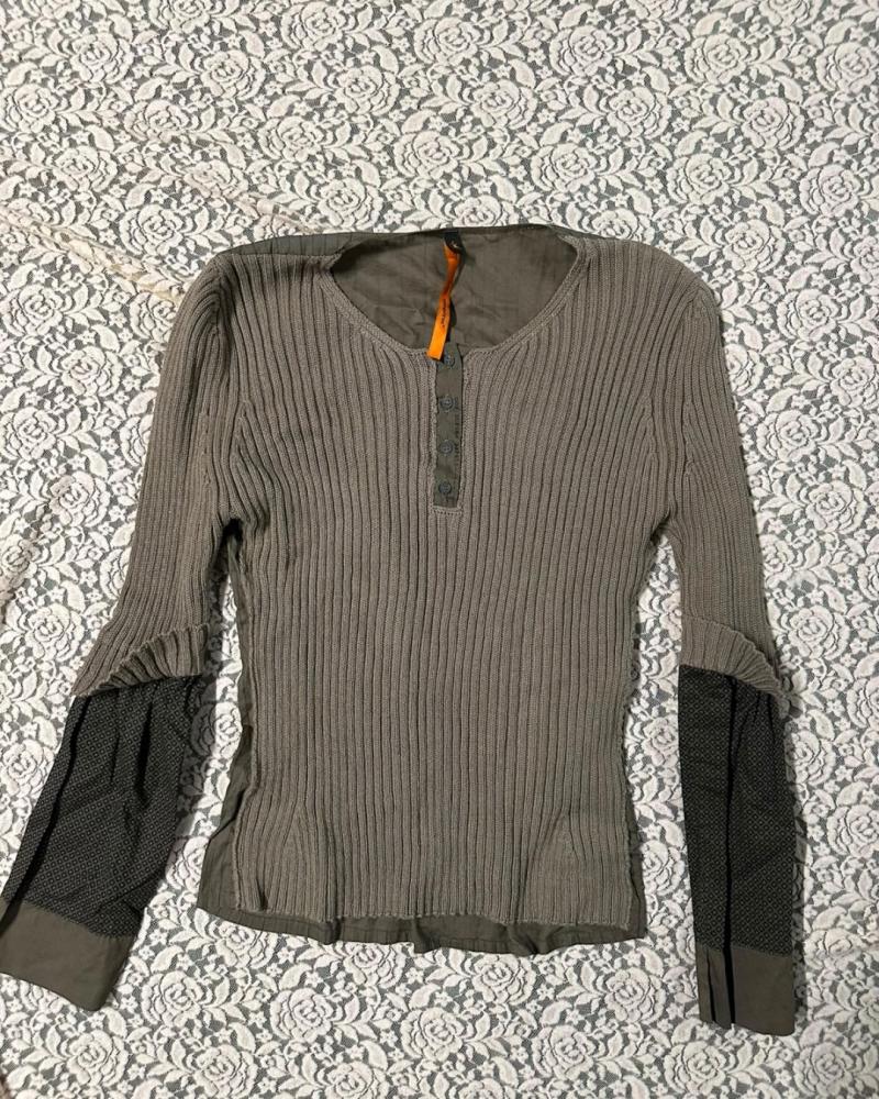 Cop Copine Khaki Knit Patchwork Long Sleeve Henley Top - Size S