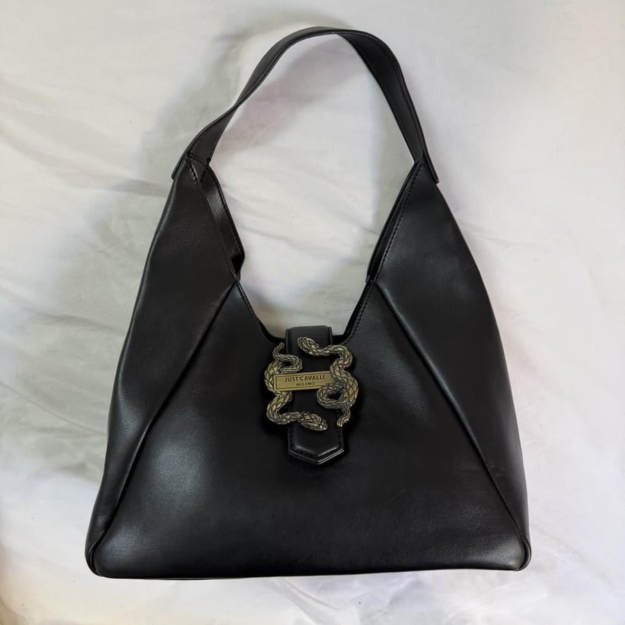 Just Cavalli Milano Black Leather Snake Buckle Shoulder Bag