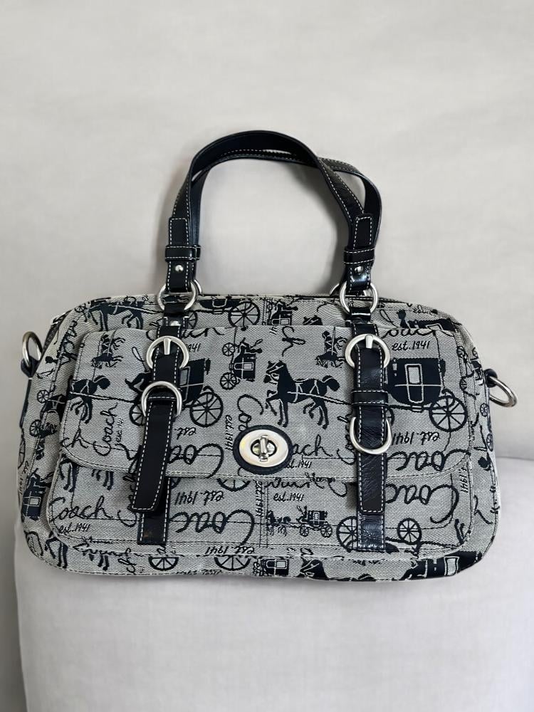 Coach F14035 Chelsea Horse And Carriage Satchel Double Handle Purse Black CanvasCoach