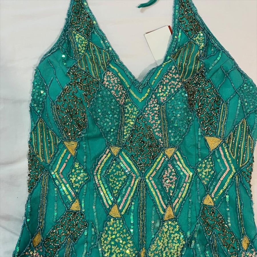 Aftershock Green Geometric Beaded Halter Top -Size M