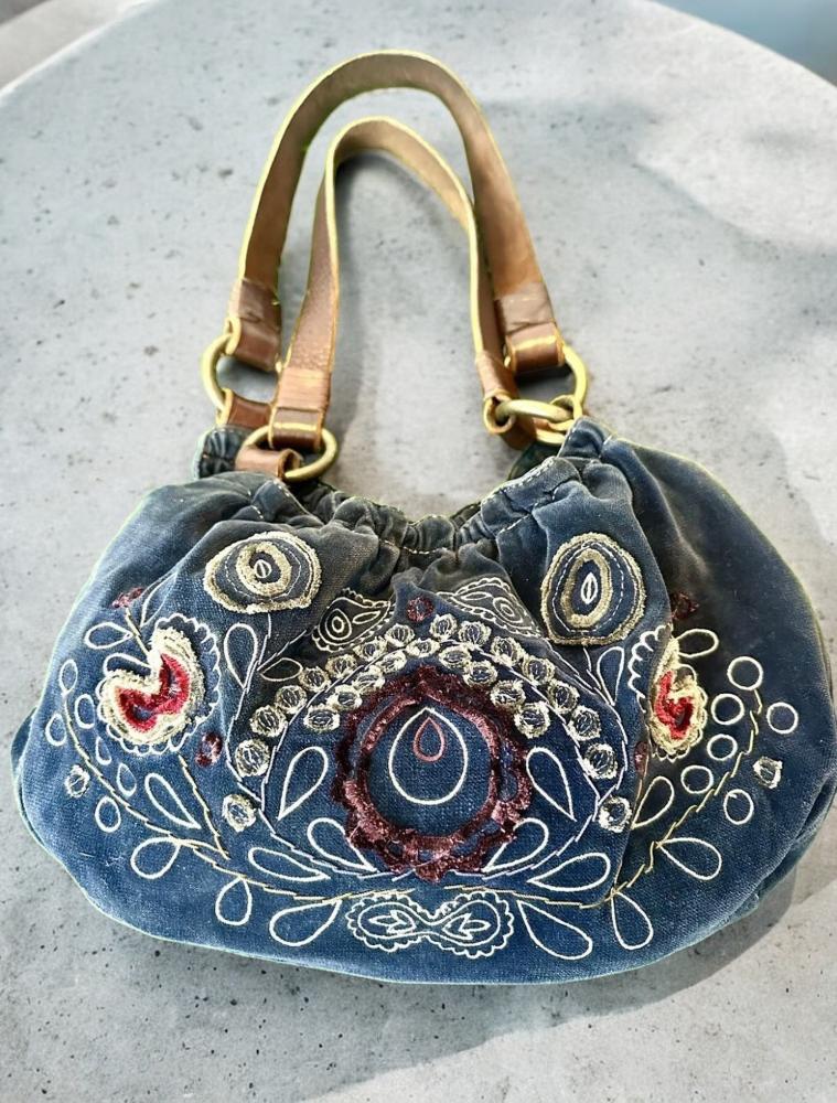 Vintage Y2K VELVET VELOUR shoulder Bag Purse Satchel Blue Embroidered