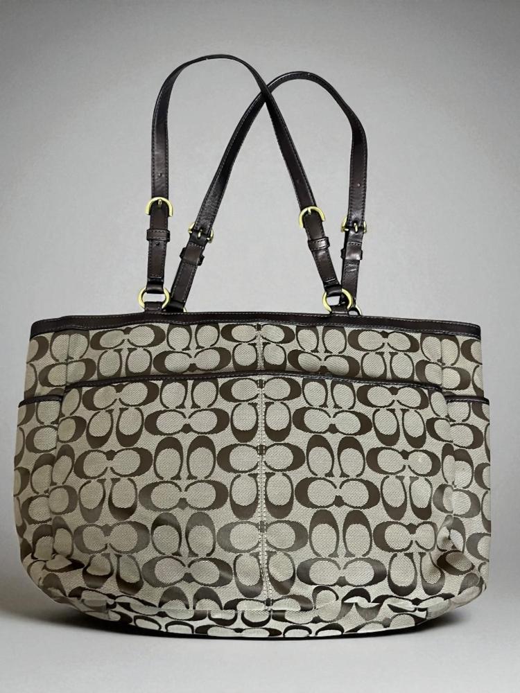 Coach F19249Gallery Signature Zip Tote Tan Brown Canvas with Leather Trim