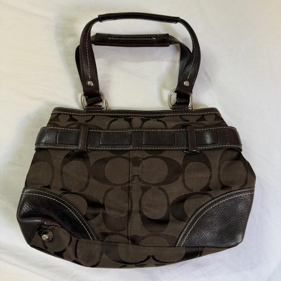 Coach Dark Brown Signature Canvas & Python Trim Shoulder Bag