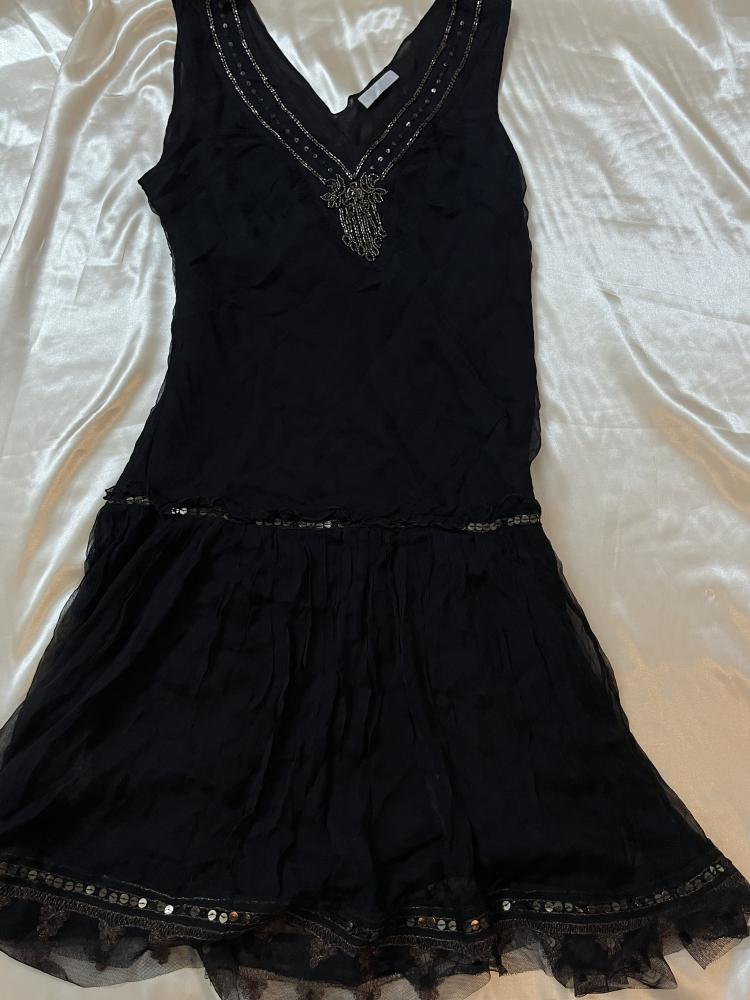 Promod Black V-Neck Dress with Sequins and Lace Trim - Size EU 38 / UK 10 L - see-through
