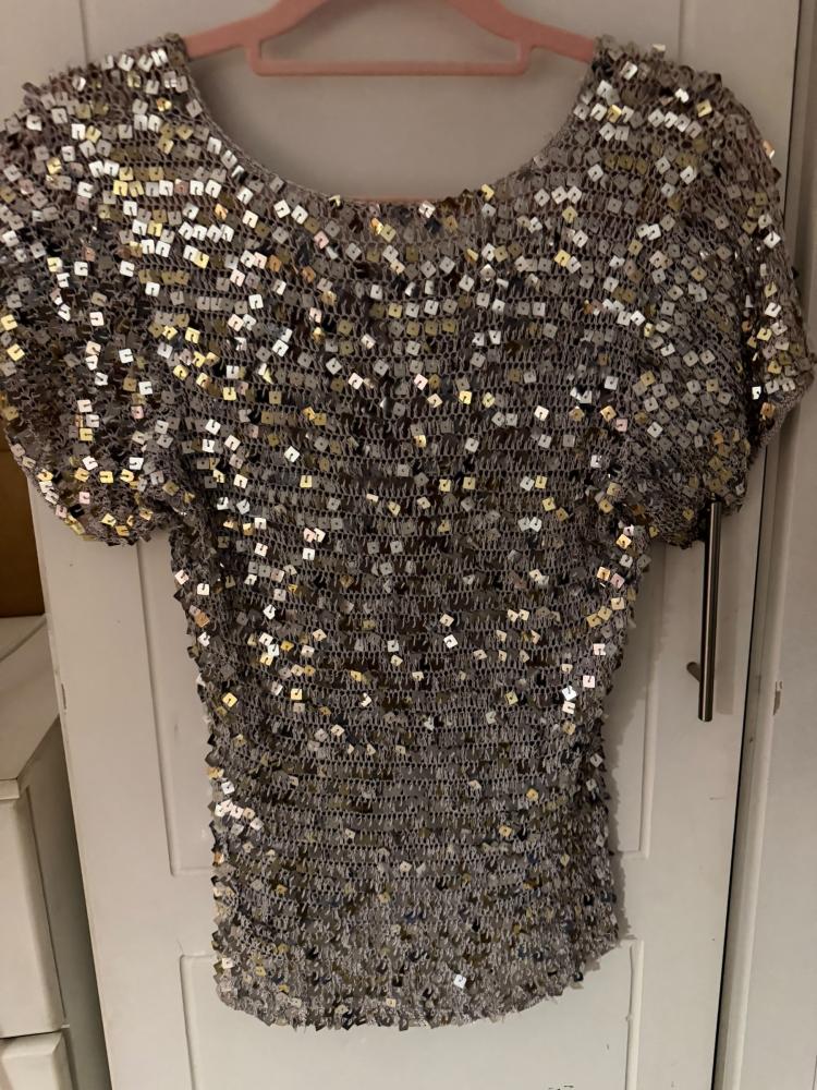 Grey Crochet Short Sleeve Top with Silver Sequins - Size S