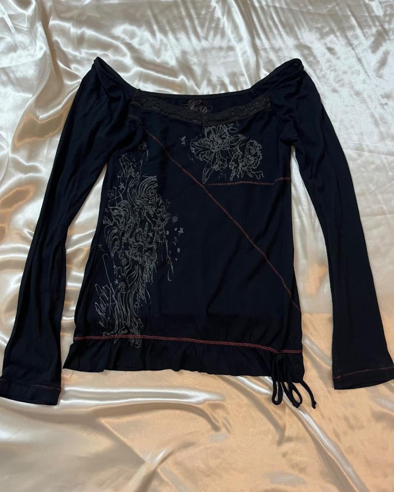 P.G. By Miss Woman Black Long Sleeve Top with Lace Trim and Graphic Details - Size S