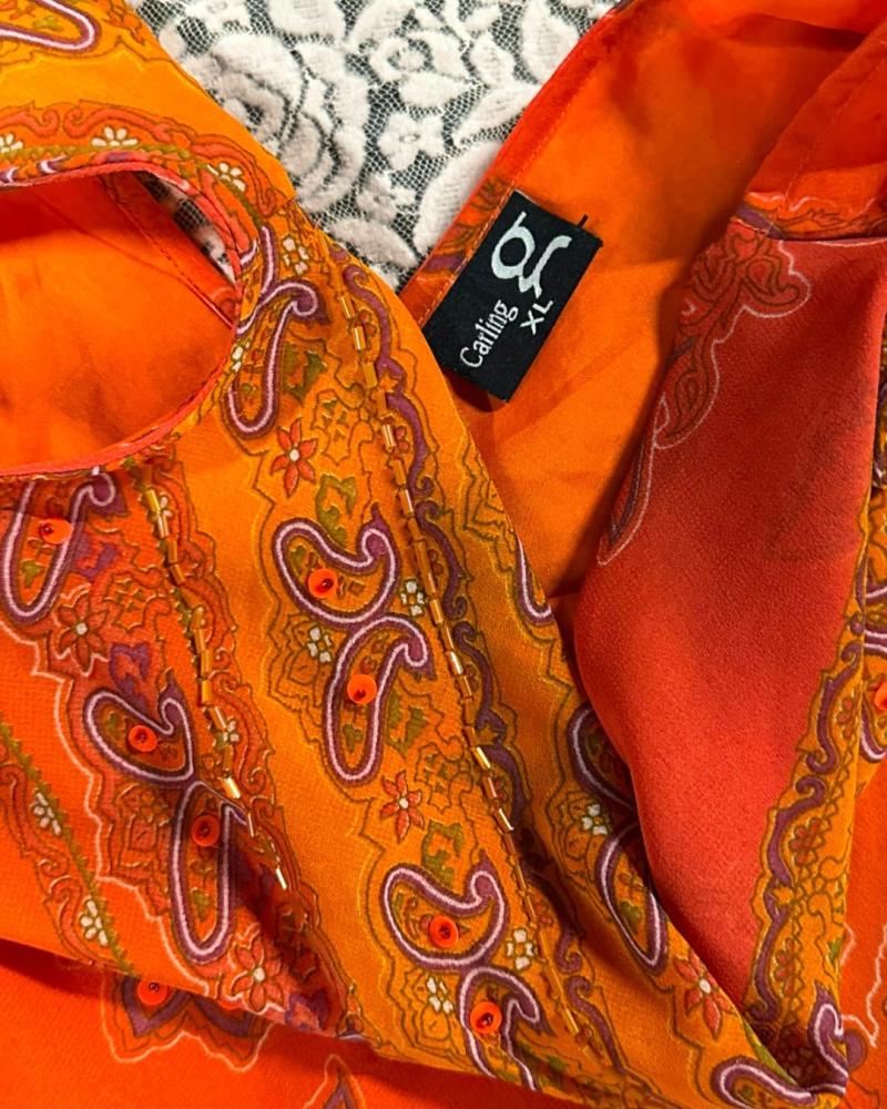 Carling Orange & Yellow Paisley Beaded V-Neck Midi Dress — Size s