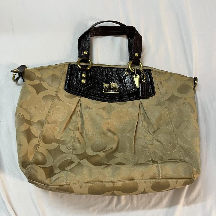 Coach Beige Monogram Pleated Tote Bag