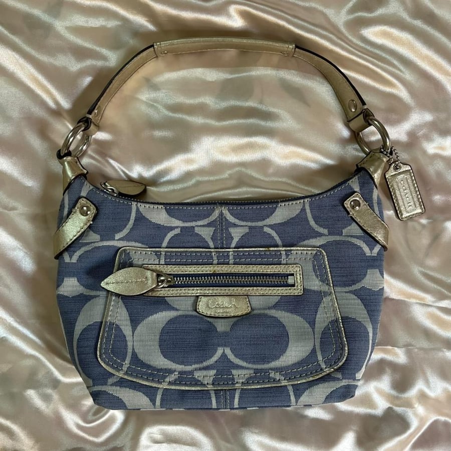 Coach Signature Blue Canvas & Gold Leather Shoulder Bag