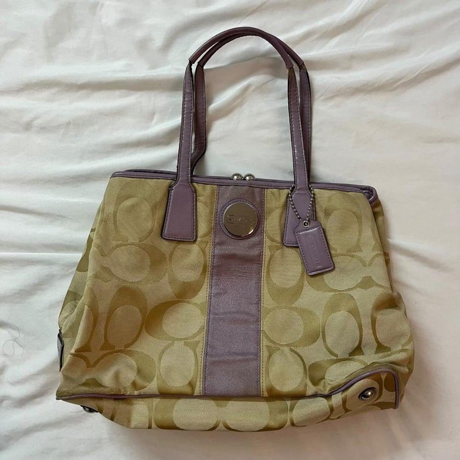 Coach Beige Monogram Tote Bag with Purple Detail