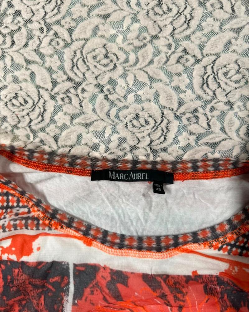 Marc Aurel Orange Floral and Grid Print Long Sleeve Top - Size 46