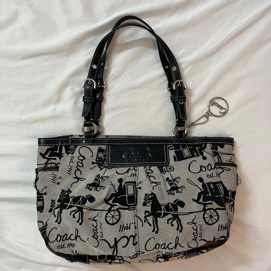 Coach Black and Grey Horse & Carriage Print Tote Bag