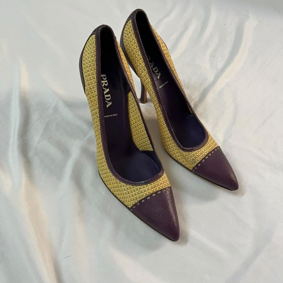 Prada Woven Straw and Purple Leather Pumps - Size 39