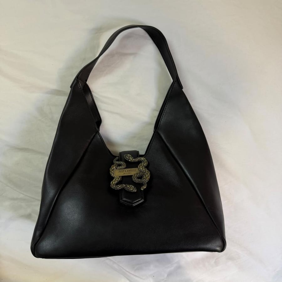 Just Cavalli Milano Black Leather Snake Buckle Shoulder Bag