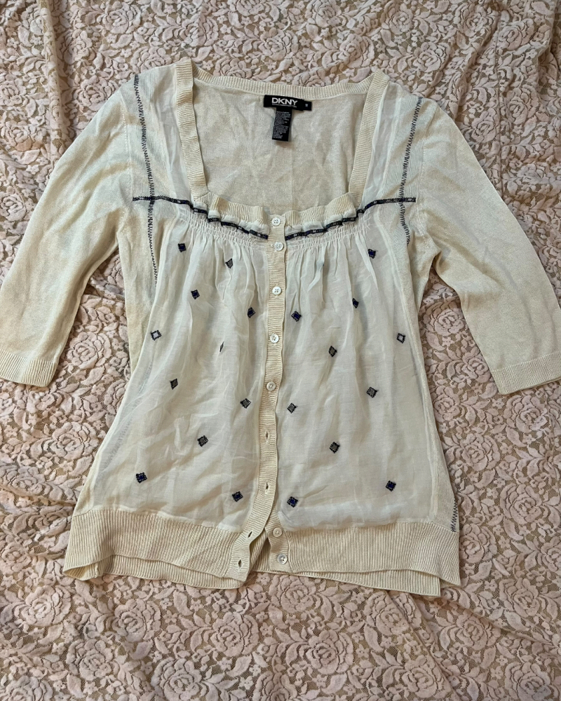DKNY Cream Silk-Blend Cardigan with Sheer Embroidered Front Panel - Size M