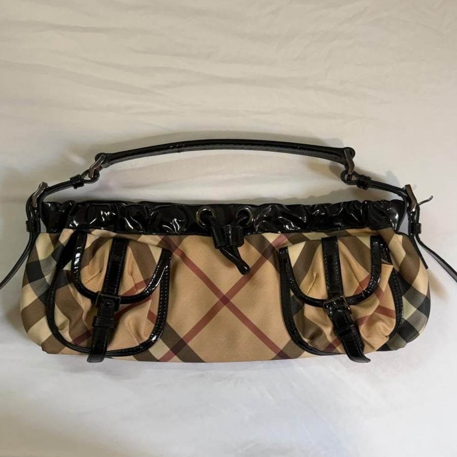 Burberry Nova Check Canvas and Black Patent Leather Shoulder Bag