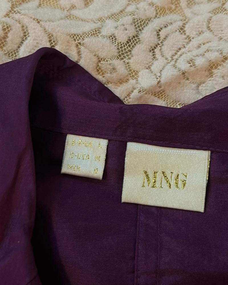 MNG (Mango) Plum Purple Short Sleeve Belted Silk Blouse - Size M (USA) / L (EUR)