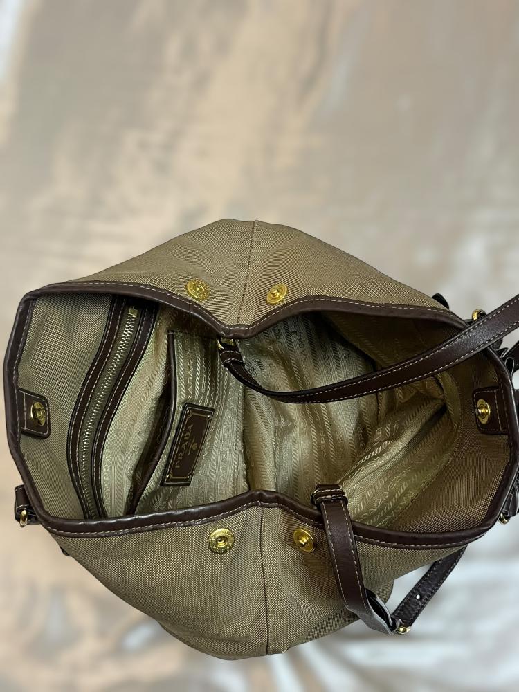 Prada Beige Canvas Tote Bag with Brown Leather Trim