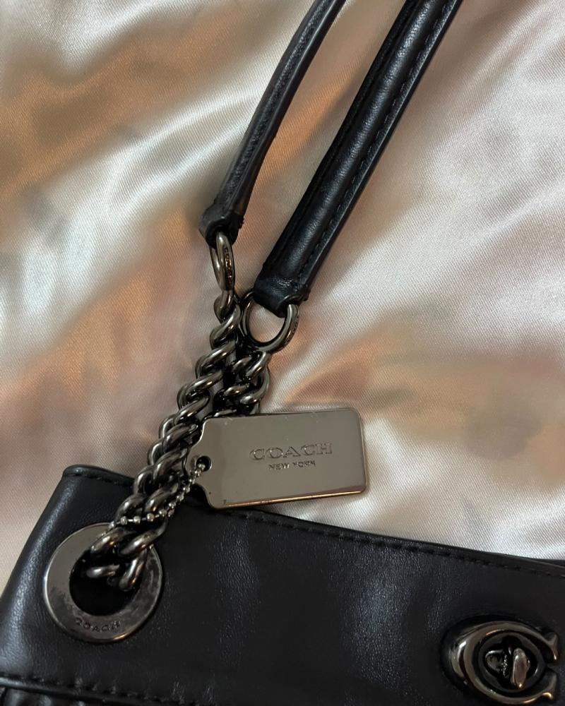 Coach Black Ribbed Leather Shoulder Bag with Metal Chain