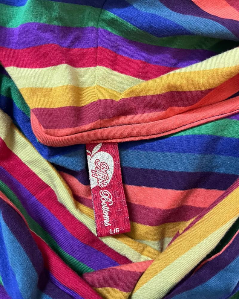 Apple Bottoms Rainbow Striped Short Sleeve Cowl Neck Top with Gold Graphic Print - Size L