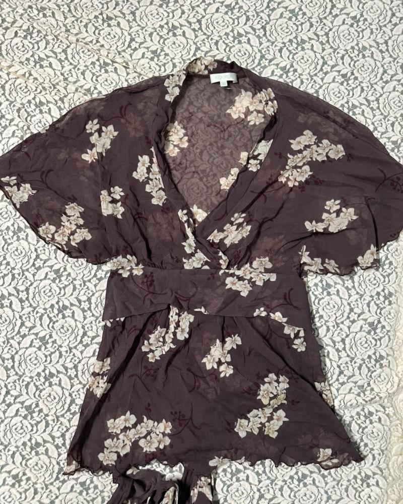 Kookai Brown Sheer Floral Print Short Sleeve Wrap Top - Size 2