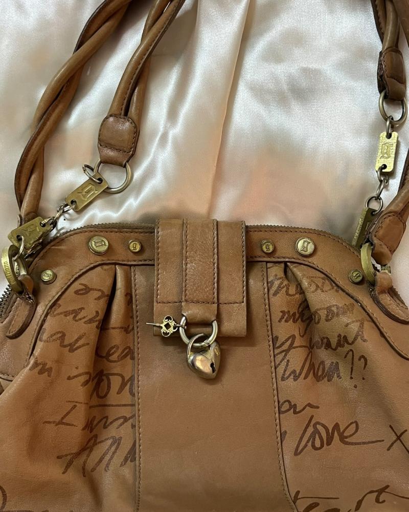 Galliano Tan / Light Brown Leather Graffiti Heart Lock Shoulder Ba