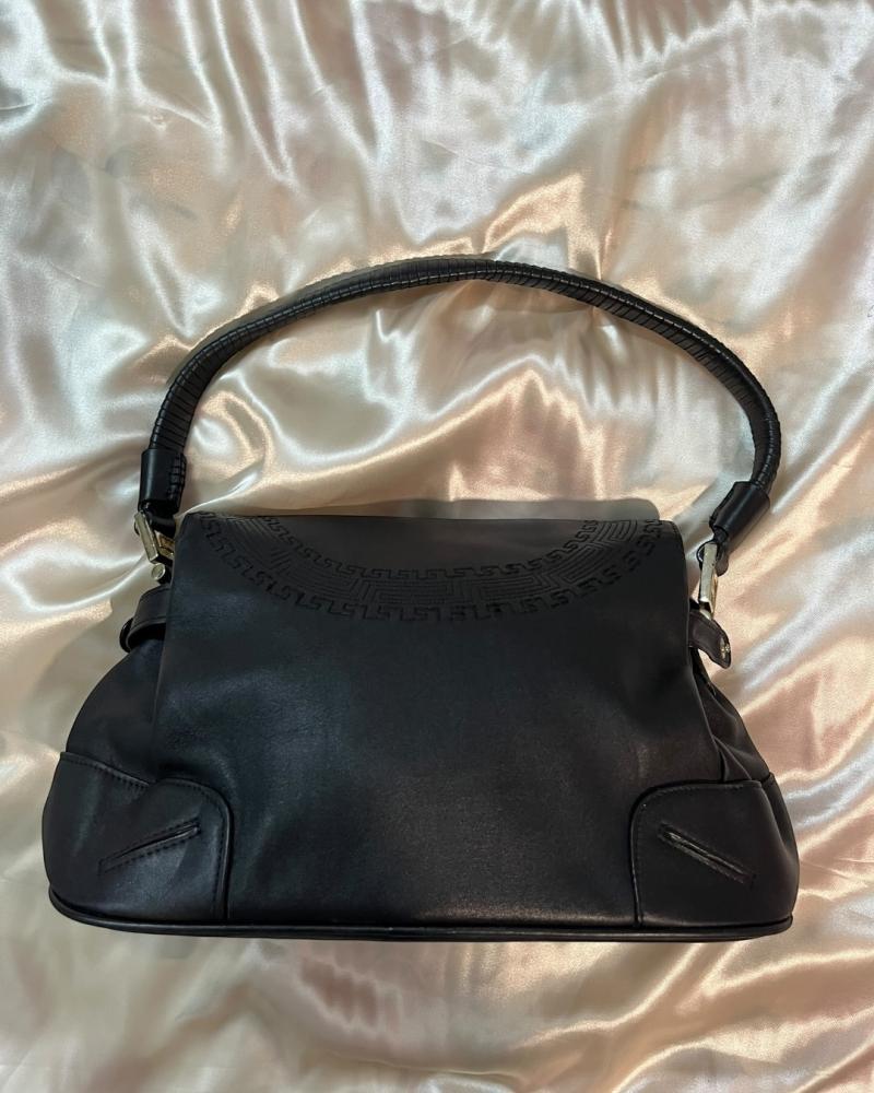 Versace Black Leather Shoulder Bag with Medusa Emblem and Greek Key Border