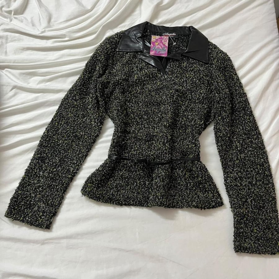Angella Paris Textured Bouclé Knit Top with Faux Leather Collar - Size M