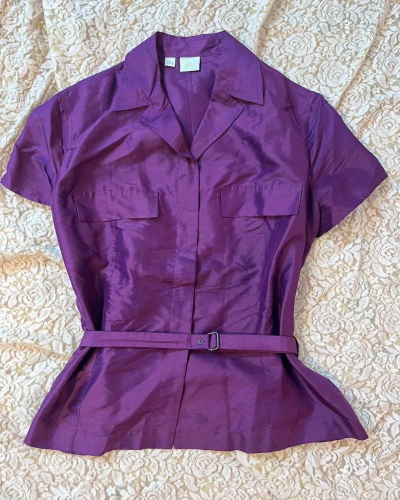 MNG (Mango) Plum Purple Short Sleeve Belted Silk Blouse - Size M (USA) / L (EUR)