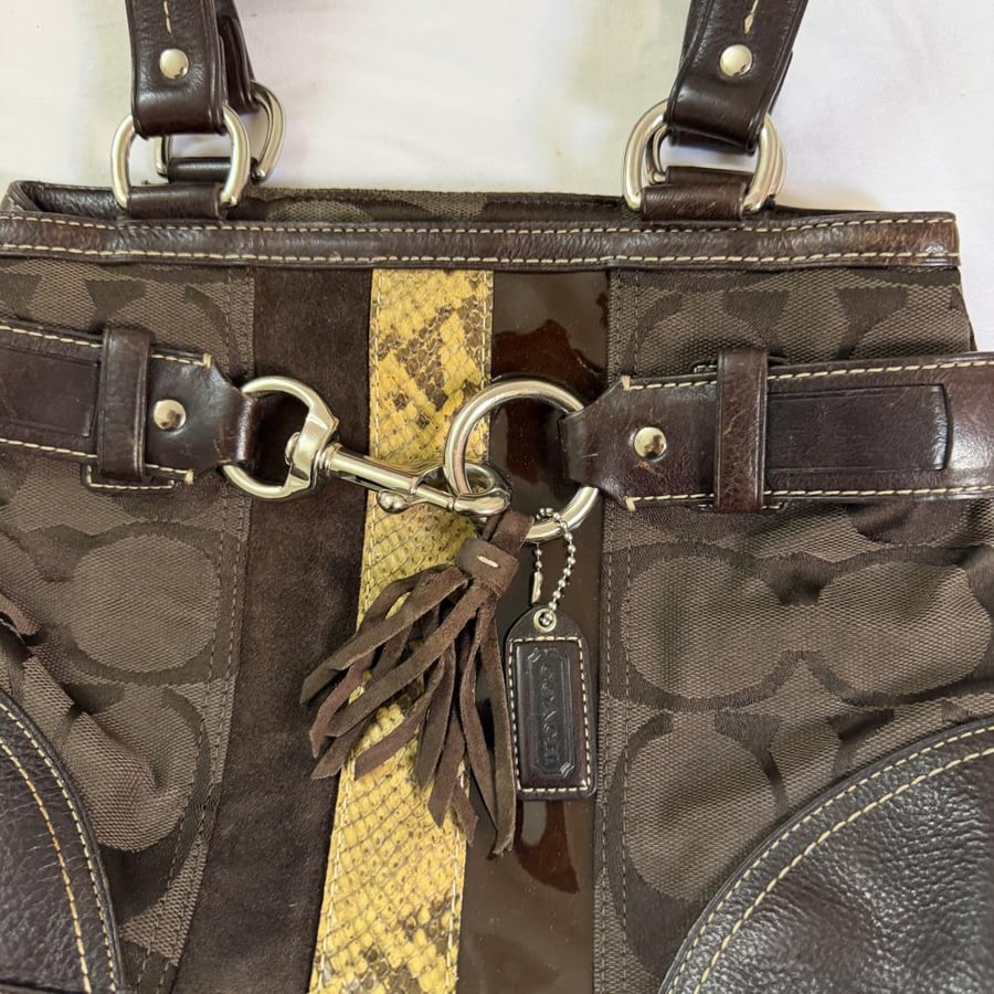 Coach Dark Brown Signature Canvas & Python Trim Shoulder Bag