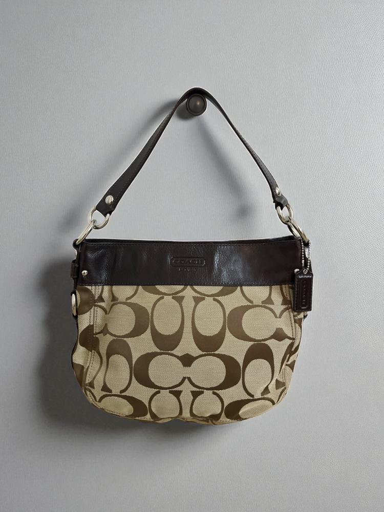 Coach Zoe Signature Purse Khaki Brown Leather Trim Shoulder Bag F14708 Handbag