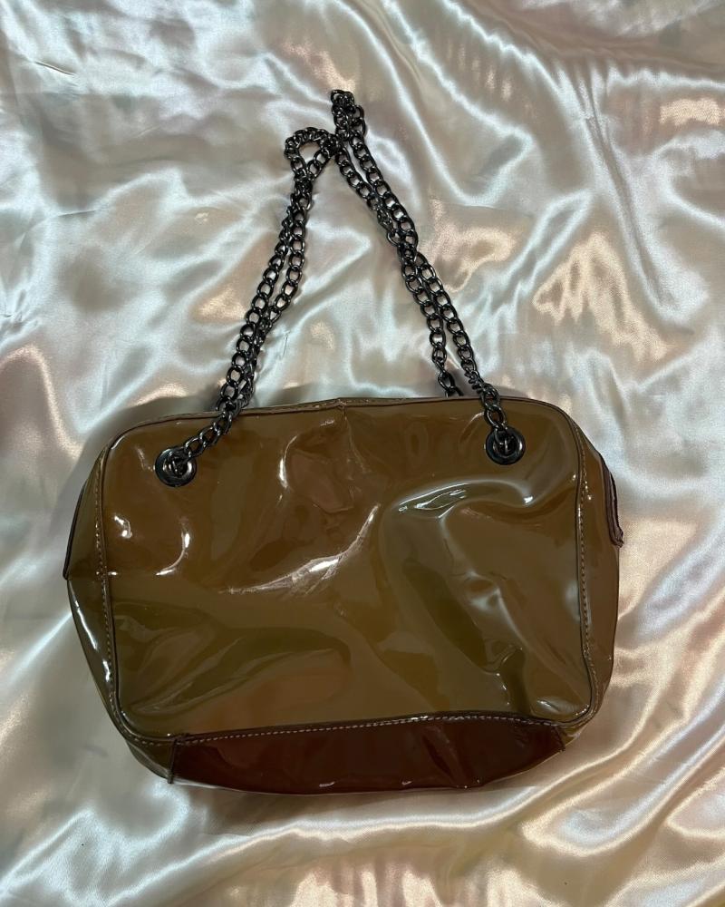 Love Moschino Tan Patent Leather Shoulder Bag with Chain Strap
