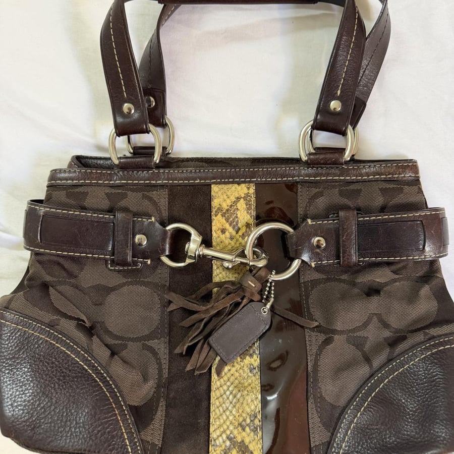 Coach Dark Brown Signature Canvas & Python Trim Shoulder Bag