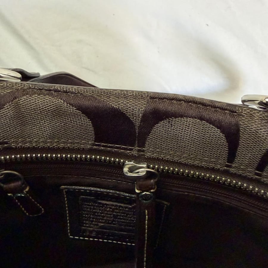 Coach Dark Brown Signature Canvas & Python Trim Shoulder Bag