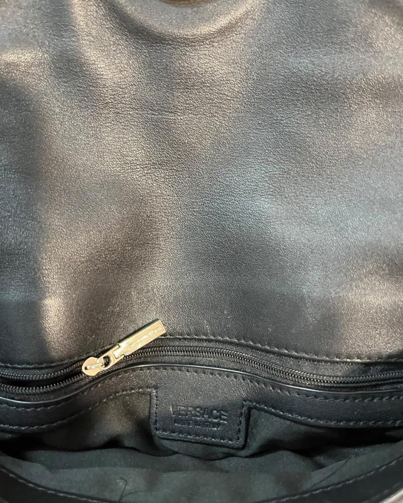 Versace Black Leather Shoulder Bag with Medusa Emblem and Greek Key Border