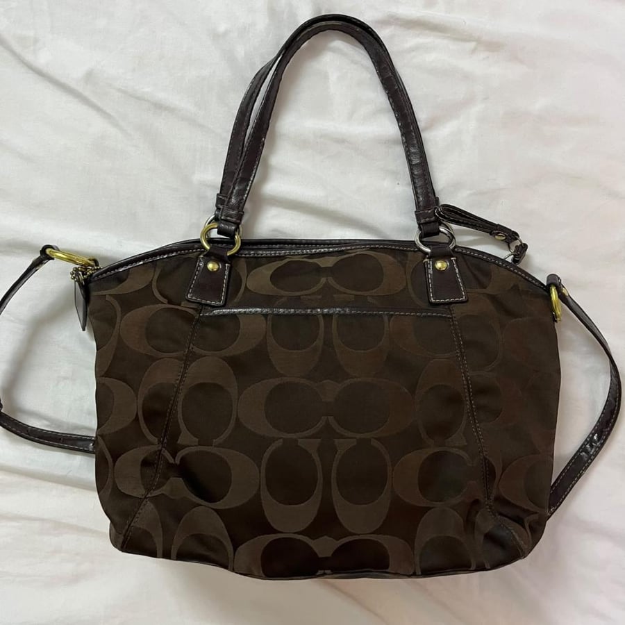 Coach Dark Brown Signature Canvas Shoulder Bag with Patent Leather Trim