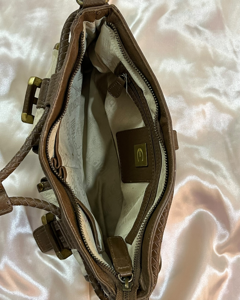 Just Cavalli Beige Logo Canvas & Brown Leather Pocket Shoulder Bag - Authentic Bag with Non-Original Strap