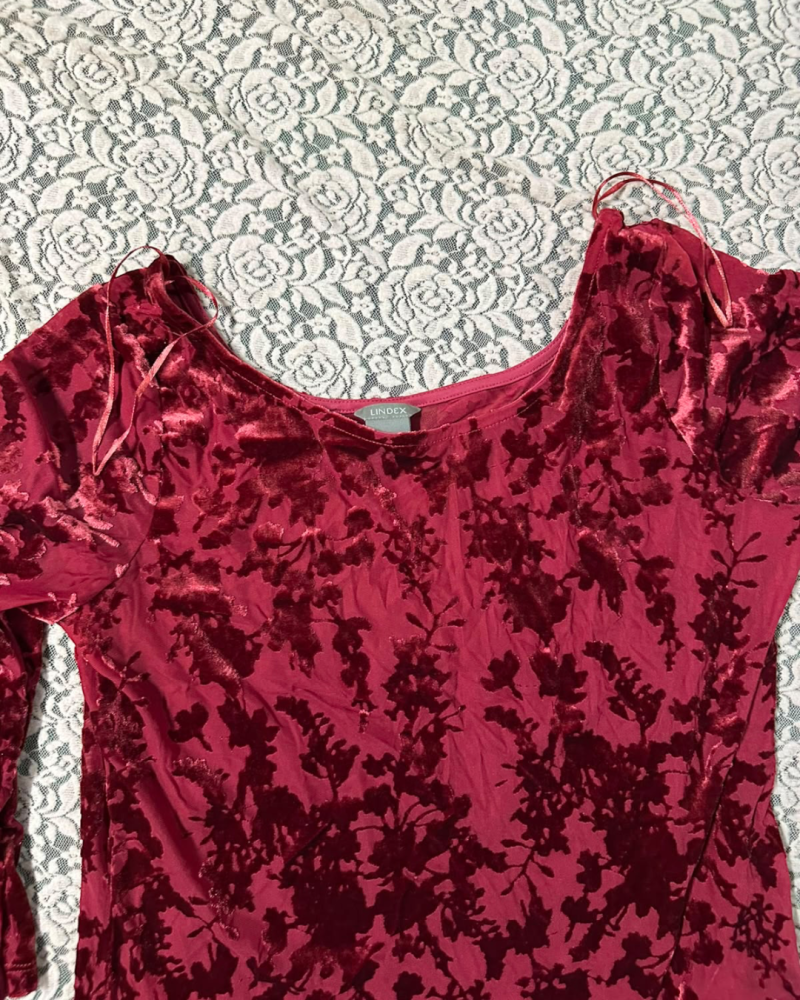 Lindex Burgundy Velvet Floral Long Sleeve Top - Size L