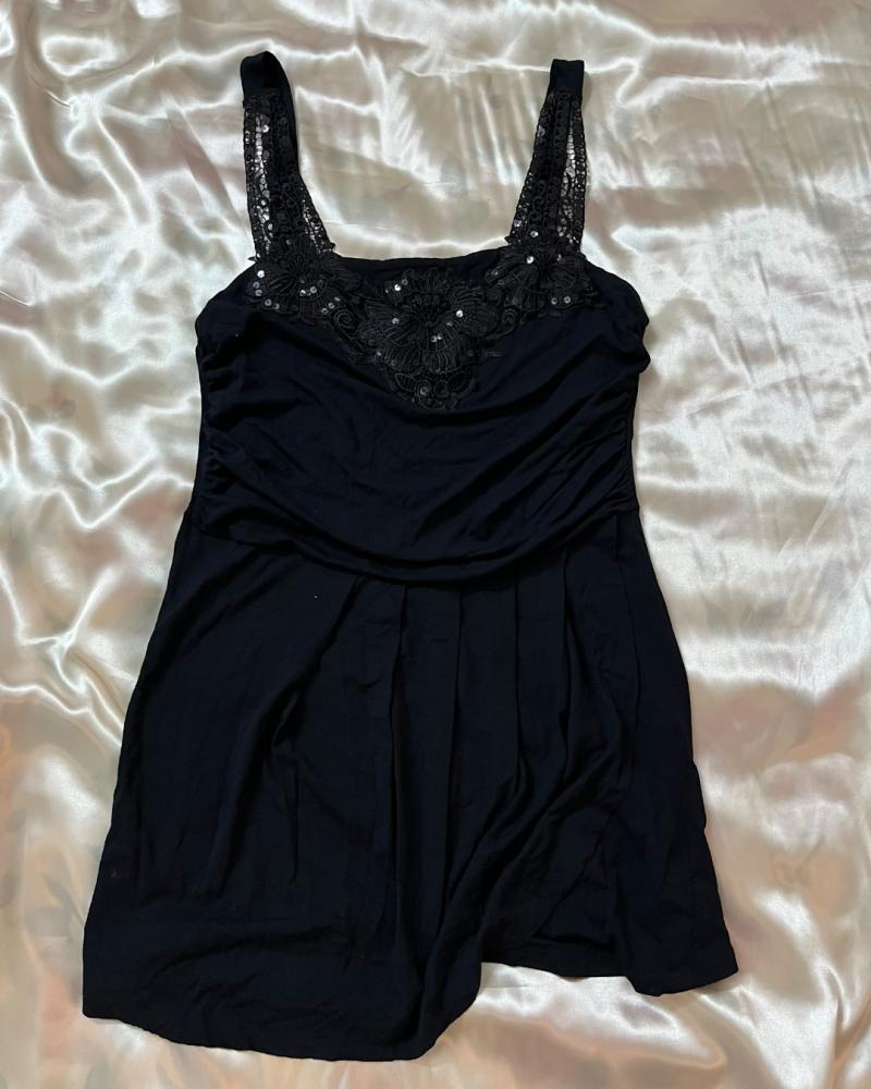 Kikisiki Black Sequined Lace-Trimmed Cami Top - Size M