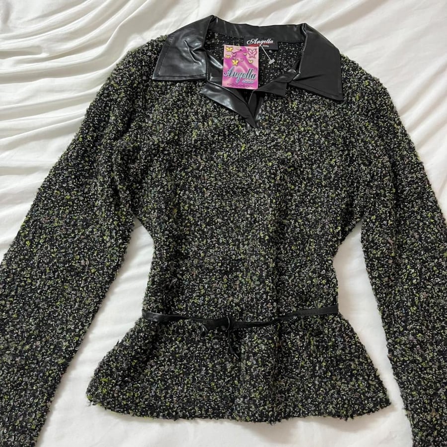 Angella Paris Textured Bouclé Knit Top with Faux Leather Collar - Size M